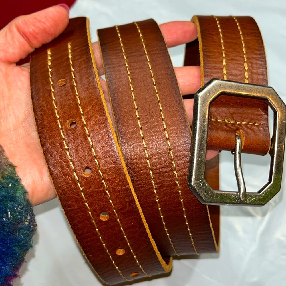 Brown Leather BELT TAN double stitch embroidery Made in Guatemala 35-41” large L